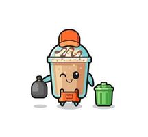 the mascot of cute milkshake as garbage collector vector