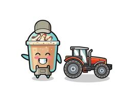 the milkshake farmer mascot standing beside a tractor vector