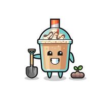 cute milkshake cartoon is planting a tree seed vector