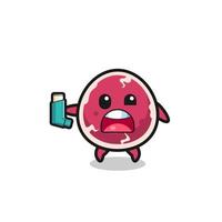 beef mascot having asthma while holding the inhaler vector
