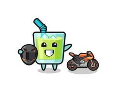 cute melon juice cartoon as a motorcycle racer vector