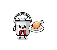 metal bucket fried chicken chef cartoon character vector