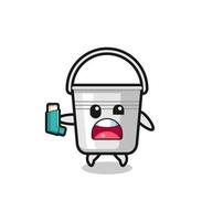 metal bucket mascot having asthma while holding the inhaler vector