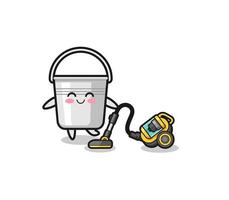 cute metal bucket holding vacuum cleaner illustration vector