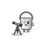 mascota de astrónomo de cubo de metal con un telescopio moderno vector