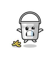 metal bucket cartoon is slip on a banana peel vector