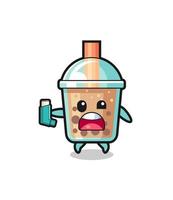 bubble tea mascot having asthma while holding the inhaler vector