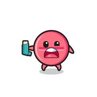 medicine tablet mascot having asthma while holding the inhaler vector