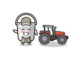 the metal bucket farmer mascot standing beside a tractor vector
