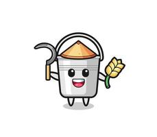 metal bucket Asian farmer holding paddy vector