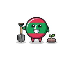 cute maldives flag cartoon is planting a tree seed vector