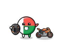 cute madagascar flag cartoon as a motorcycle racer vector