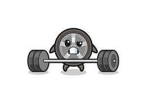 cartoon of car wheel lifting a barbell vector