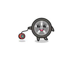 cartoon of cute car wheel playing a yoyo vector