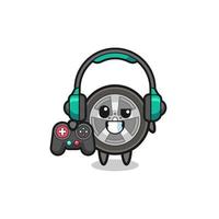 car wheel gamer mascot holding a game controller vector