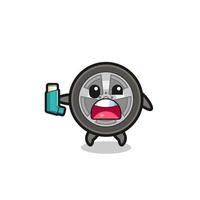 car wheel mascot having asthma while holding the inhaler vector