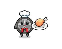 rueda de coche pollo frito chef personaje de dibujos animados vector