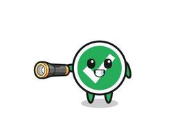 check mark mascot holding flashlight vector