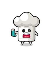 chef hat mascot having asthma while holding the inhaler vector