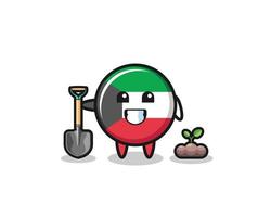 linda caricatura de la bandera de kuwait está plantando una semilla de árbol vector