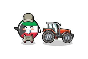 la mascota del granjero de la bandera de kuwait de pie junto a un tractor vector