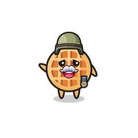 cute circle waffle as veteran cartoon vector