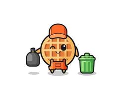 the mascot of cute circle waffle as garbage collector vector