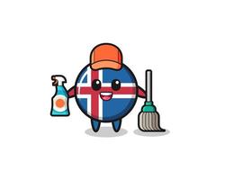 lindo personaje de la bandera de islandia como mascota de los servicios de limpieza vector