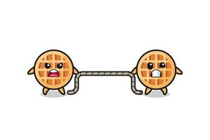 cute circle waffle character is playing tug of war game vector