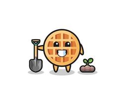 cute circle waffle cartoon is planting a tree seed vector