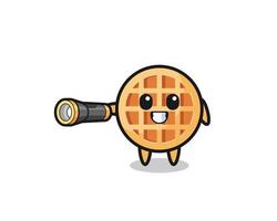 circle waffle mascot holding flashlight vector