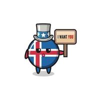 iceland flag cartoon as uncle Sam holding the banner I want you vector