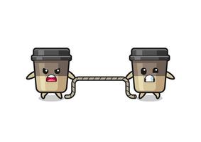 cute coffee cup character is playing tug of war game vector