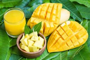 vaso de jugo de mango con rebanada de mango en hojas de mango del concepto de fruta de verano tropical de árbol - mangos maduros dulces