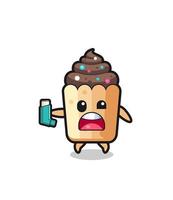 cupcake mascot having asthma while holding the inhaler vector