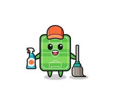 lindo personaje de campo de fútbol como mascota de servicios de limpieza vector