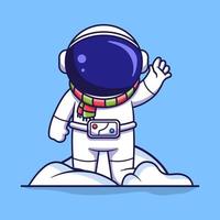 lindo personaje de astronauta está parado en la pila de nieve y saludando. estilo de dibujos animados plana vector