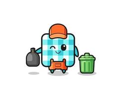 the mascot of cute checkered tablecloth as garbage collector vector