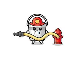 metal bucket cartoon as firefighter mascot with water hose vector