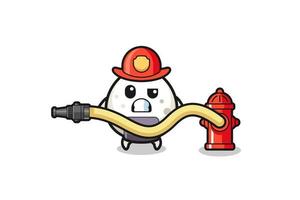 dibujos animados de onigiri como mascota de bombero con manguera de agua vector