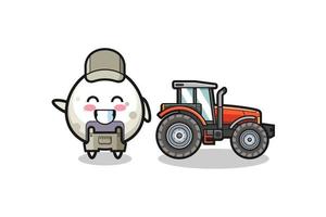 the onigiri farmer mascot standing beside a tractor vector