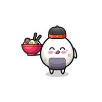 onigiri as Chinese chef mascot holding a noodle bowl vector