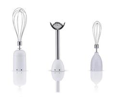 set of mixer nozzles on white background with reflection.  kitchen appliances photo