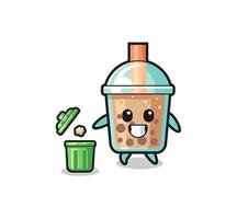 illustration of the bubble tea throwing garbage in the trash can vector