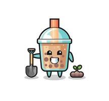 cute bubble tea cartoon is planting a tree seed vector