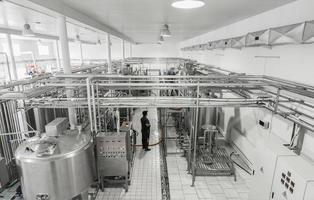 general view of the interior of a milk factory. equipment at the dairy plant photo