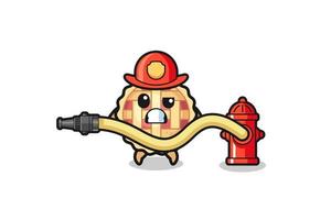 dibujos animados de tarta de manzana como mascota de bombero con manguera de agua vector