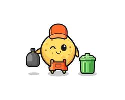 the mascot of cute potato chip as garbage collector vector