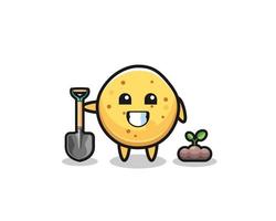 cute potato chip cartoon is planting a tree seed vector