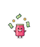 illustration of the strawberry jam catching money falling from the sky vector